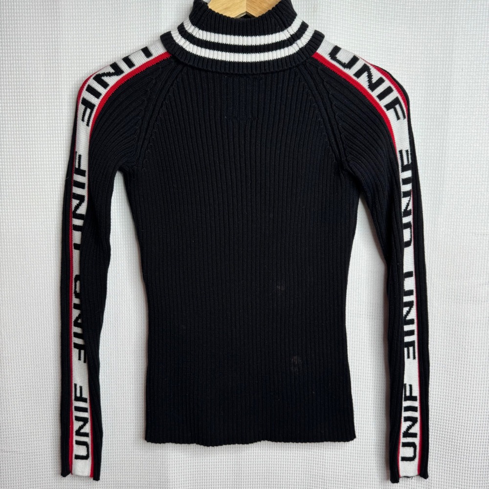 UNIF Black Ribbed Logo Tape Turtleneck Sweater Small Cotton Striped Long Sleeve